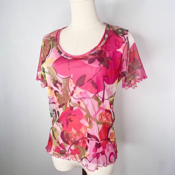 Pink Floral Mesh Shirt - Peruggi Italian Designer Vintage - Picture 4 of 12